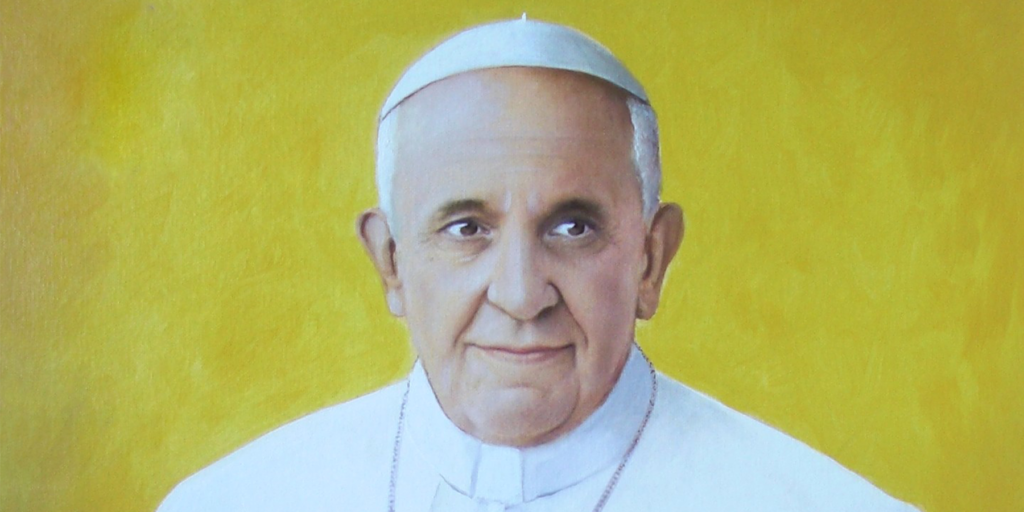 Primo piano di Papa Francesco in un dipinto su sfondo giallo