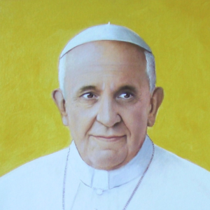 Primo piano di Papa Francesco in un dipinto su sfondo giallo